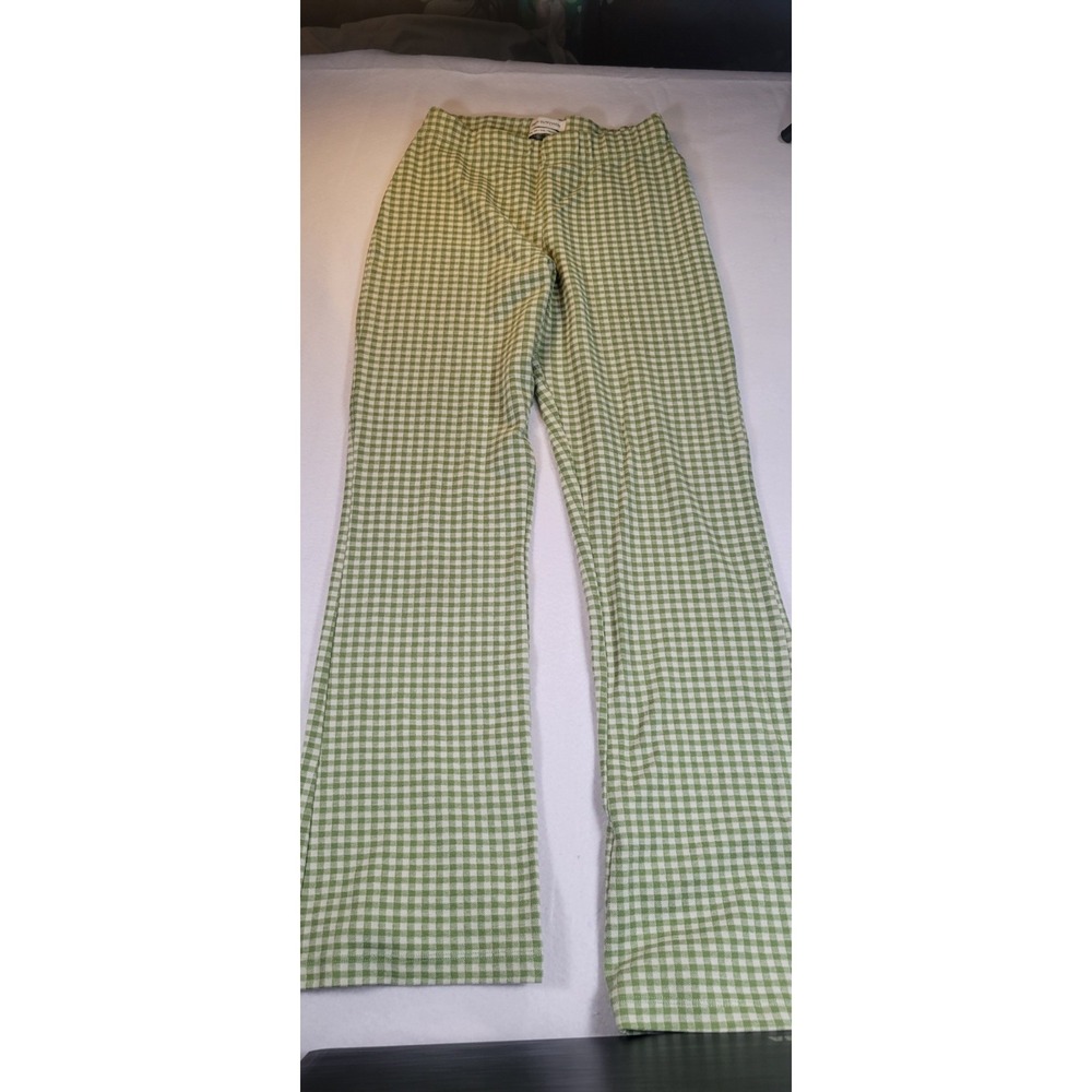 Urban Outfitters Womens Pants Size M Green White Check Stretch Knit Retro Flare